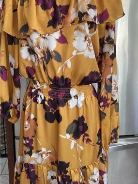Boston Proper Mustard Gold Floral Long-Sleeve Midi Dress